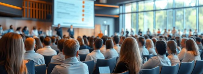 A typical conference setting showing the audience from the back